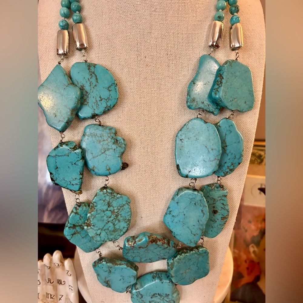 Chunky Turquoise Slab Artisan Statement Necklace Bohemian - Picture 6 of 11